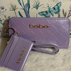 Bebe “Jenna” Metallic Lilac Quilted Wallet And Matching Card Holder